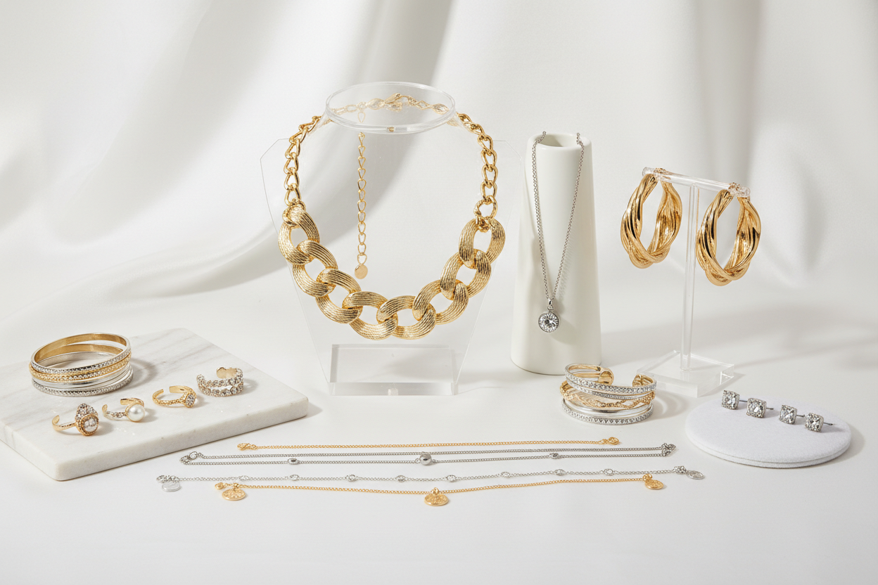 A clean, elegant product display of imitation jewelry on a soft white background. Arrange a curated mix of gold-plated and silver-toned imitation jewelry pieces, including statement necklaces, delicate pendants, layered chains, hoop earrings, stud earrings, stackable bracelets, bangles, and adjustable rings. Style the pieces neatly on minimal stands, acrylic holders, or laid flat with soft shadows. Add subtle sparkle and reflections to highlight details. The overall look should be modern, bright, and premiu