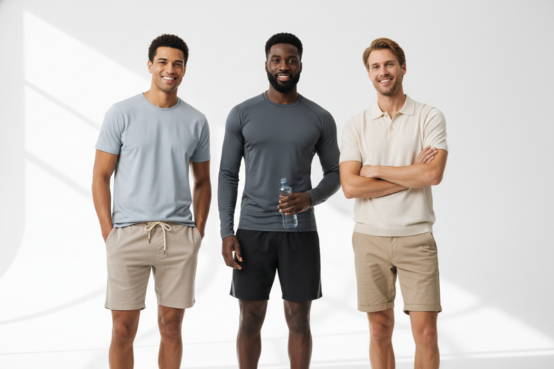 A clean, stylish lifestyle image featuring 2–3 men standing together, each wearing different types of men's shorts for various occasions. One man wearing casual cotton shorts with a t-shirt, another wearing sporty athletic shorts with a performance top, and the third wearing tailored chino shorts paired with a polo shirt. Modern, diverse models with natural poses. Bright, minimal studio setting with a clean white background and soft shadows. Clothing colors should be neutral and appealing. High-resolution f