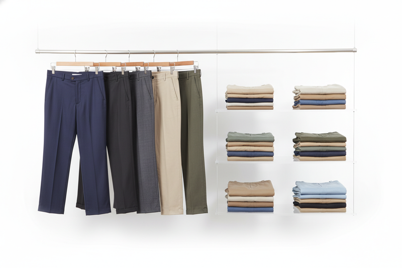 A neatly arranged collection of men’s trousers displayed hanging and folded, including both formal dress pants and casual chinos. Showcase multiple colors such as navy, black, beige, khaki, and olive. The trousers should be photographed in a clean, minimal studio setting with a pure white background, evenly lit, sharp details, no visible clutter. Modern, stylish, professional product display suitable for an online fashion store collection banner.