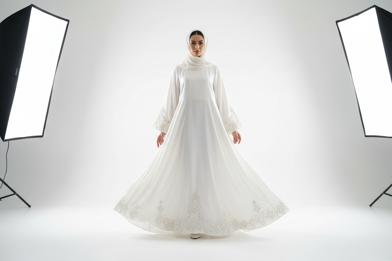 A woman wearing beautiful line abaya in white background