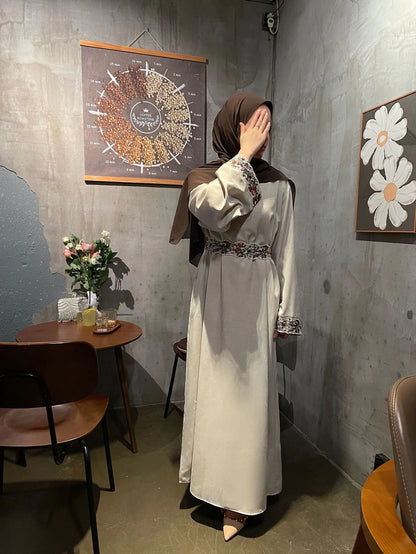 Linen Embroidered Band Lining Abaya Dress