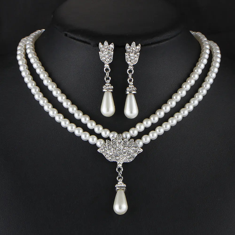 Bridal Pearl Crystal Necklace and Earring Set