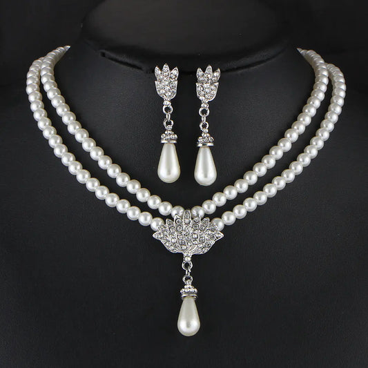Bridal Pearl Crystal Necklace and Earring Set