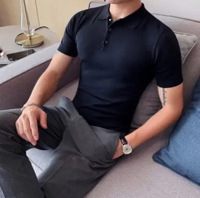 Men's Ice Silk Slim-Fit Polo Lapel Knitted Solid Color Summer T-shirt