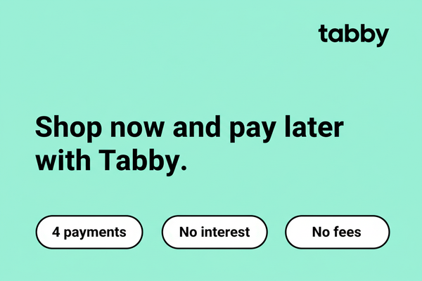 Create a clean, modern portrait-mode promotional banner for Tabby (Buy Now Pay Later). Use a bright mint-green background similar to Tabby’s official brand color. Add bold black headline text on the upper half saying: ‘Shop now and pay later with Tabby.’ Include the official Tabby logo in the top right area. At the bottom, add three rounded pill-style buttons with text: ‘4 payments’, ‘No interest’, and ‘No fees’. Use minimalist design, flat graphics, clean typography, and high readability. No people, no clu