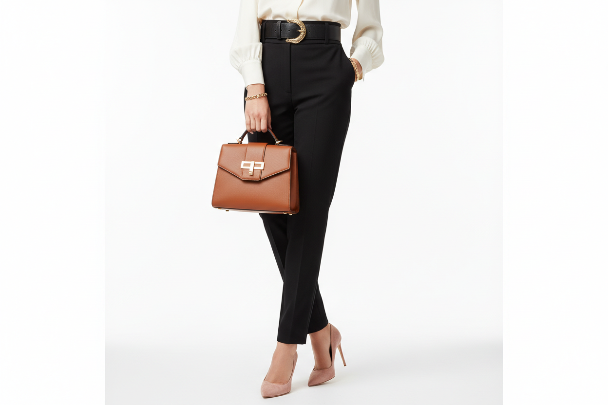 Create a high-quality, portrait-oriented studio image showcasing women’s fashion accessories—including bags, shoes, belts, and jewelry—in a clean, modern e-commerce style.
Feature one female model posed naturally, holding or wearing a combination of accessories such as a handbag, a belt, elegant shoes (visible in frame if full-body), and minimal jewelry like bracelets or earrings.

The focus should be on the accessories, presented clearly and elegantly.
Use a pure white background with soft, even profession