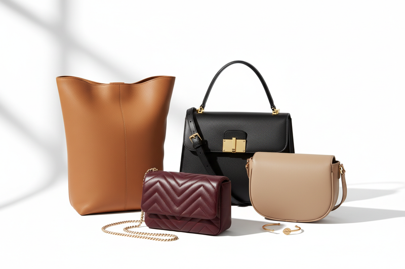 Create a high-quality product display image showcasing a curated selection of women's bags on a clean white background. Include 3–5 bags such as a tote bag, a structured shoulder bag, and a stylish crossbody bag. Arrange them aesthetically with soft shadows, balanced lighting, and minimal props. The style should feel modern, elegant, and suitable for an e-commerce collection card layout