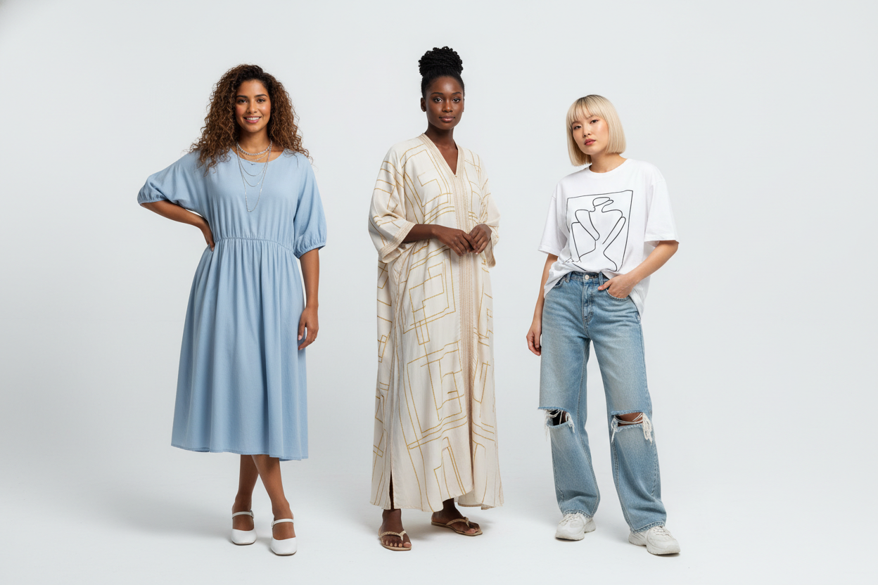 Create a high-quality, studio-style image of 2–3 diverse women standing confidently against a clean white background. Each woman should wear a different outfit style representing a women’s fashion collection: one in a stylish casual dress, one in a modern modest abaya, and one in a jeans-and-t-shirt outfit. The women should look fashionable and well-styled, with natural lighting, soft shadows, and a clean commercial look suitable for an e-commerce collection card. Full-body view, harmonious color palette, m