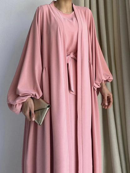 Elegant Abaya Ramadan Two-Piece Set with Tie Waist
