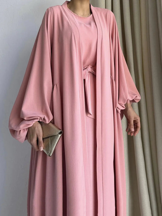 Elegant Abaya Ramadan Two-Piece Set with Tie Waist