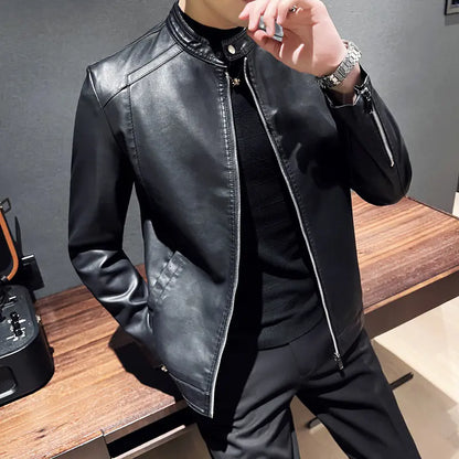Men's Winter Leather Jacket with Zippered Cuffs