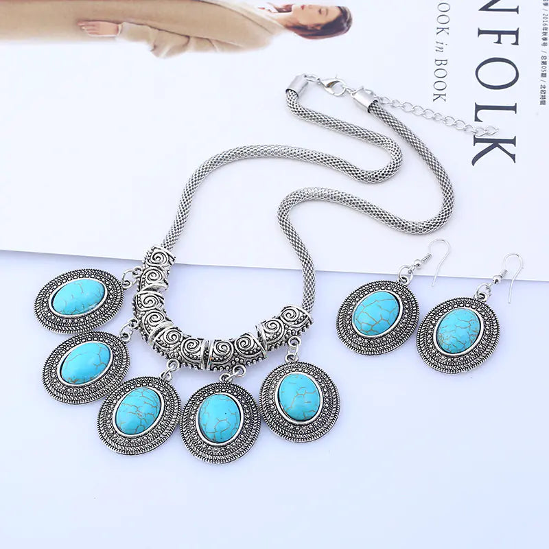 Fashionable Vintage Alloy Turquoise Necklace & Earring Set