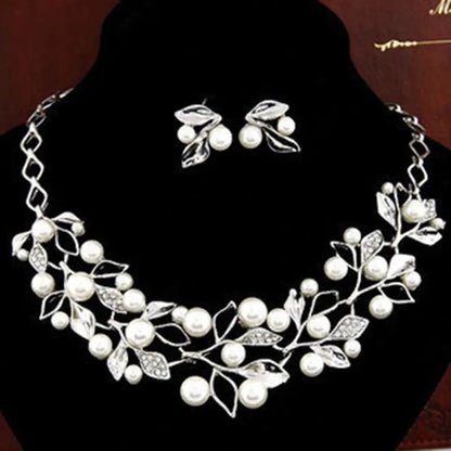 Fashion Metal Pearl Leaf Necklace & Earring Set