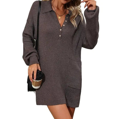 Solid Color Polo Collar Button Knitted Dress