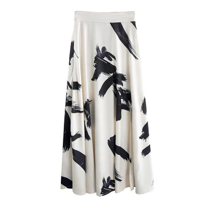 New Split Ink Print Chiffon Mid-Length Skirt