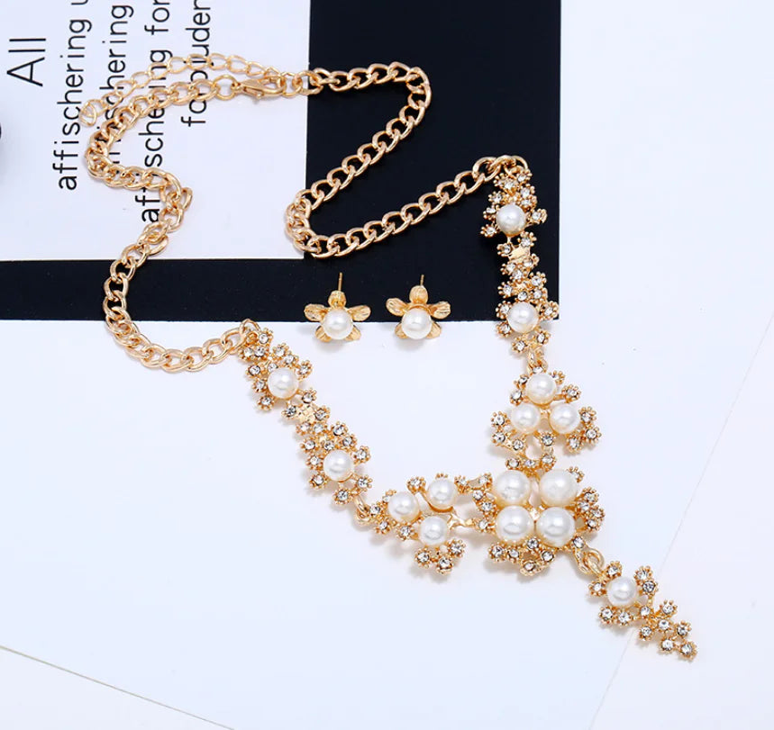 Pearl and Rhinestone Earring Necklace Set