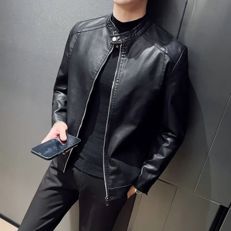 Men's Winter Leather Jacket with Zippered Cuffs