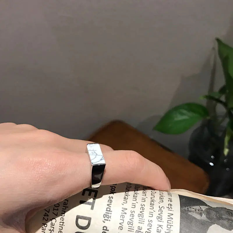 Black Onyx Ring, White Turquoise Ring, Unique Design