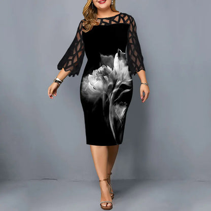 Plus Size Women's Lace Dress with Rose Print