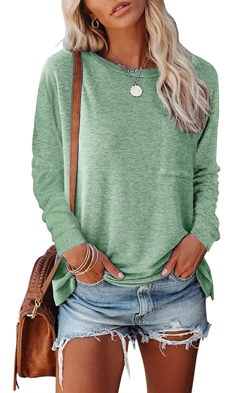 Pocket Split Long-sleeved Casual T-shirt