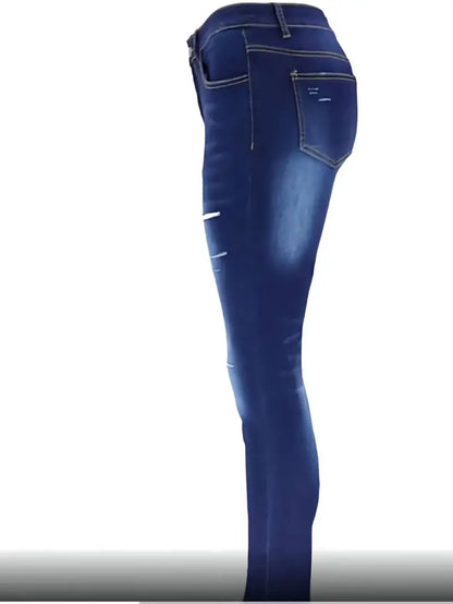 Ripped Holes Stretch Skinny Jeans - Blue Distressed Denim