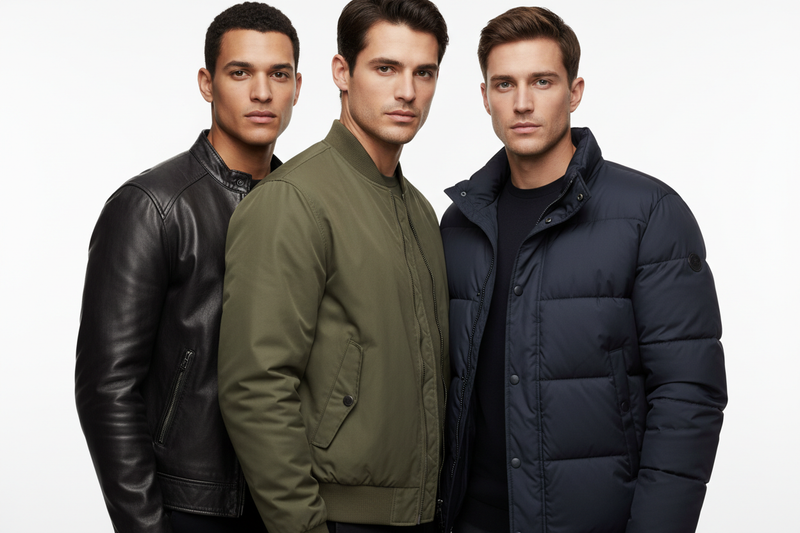 Portrait-mode image of three men standing very close together, all fully visible inside a narrow vertical frame. Each man wears a different jacket style:
• black leather jacket,
• olive green bomber jacket,
• navy blue winter puffer jacket.
White seamless background, bright studio lighting, clean fashion-catalog look.
No empty gaps, no wide spacing — keep all three subjects tightly grouped and fully inside the portrait frame