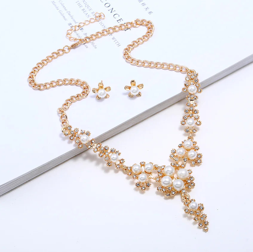 Pearl and Rhinestone Earring Necklace Set