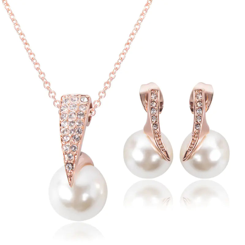 Bride Pearl and Rhinestone Necklace Earring Set