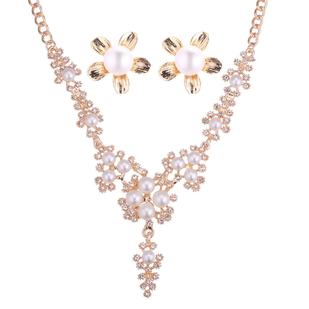 Pearl and Rhinestone Earring Necklace Set