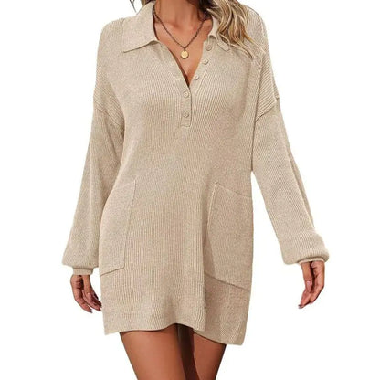 Solid Color Polo Collar Button Knitted Dress