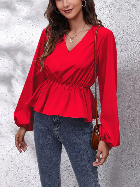 Elegant Women's Casual Shirt with Lantern Sleeves