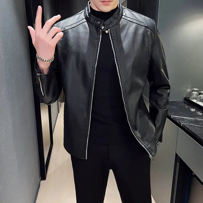 Men's Winter Leather Jacket with Zippered Cuffs