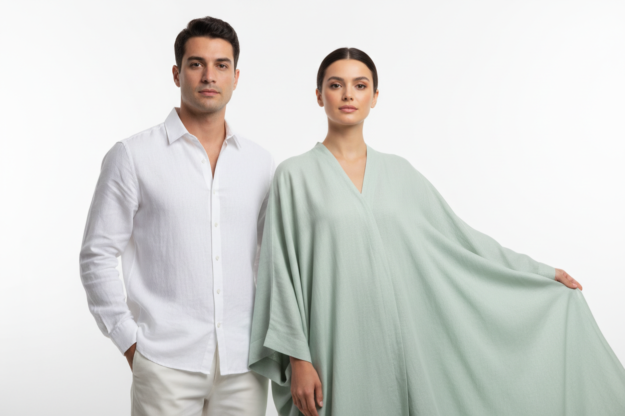 update man to wear linen full sleeve white shirt and woman to wear light green linen abaya