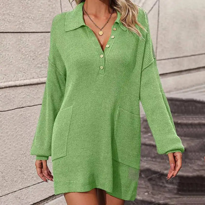 Solid Color Polo Collar Button Knitted Dress