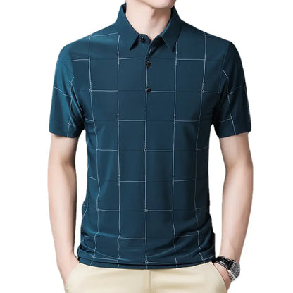 قميص بولو رجالي بأكمام قصيرة من الحرير الجليدي مناسب للصيف