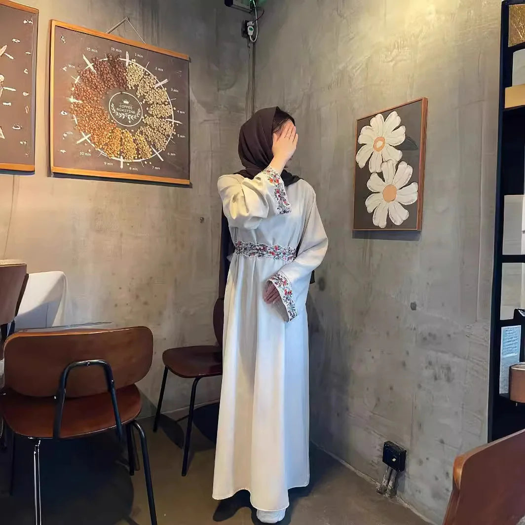 Linen Embroidered Band Lining Abaya Dress