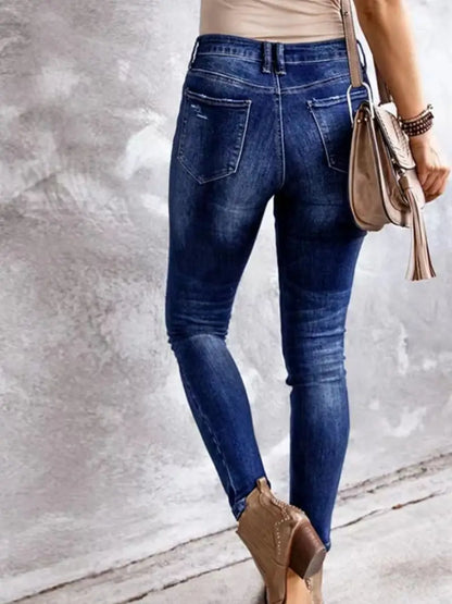 Ripped Holes Stretch Skinny Jeans - Blue Distressed Denim