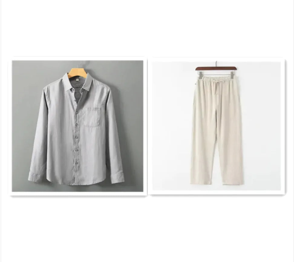 Men's Casual Linen Shirt with Loose Standing Collar