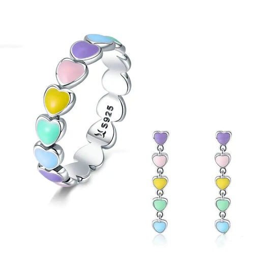 Rainbow Heart Ring and Earring Accessory Set