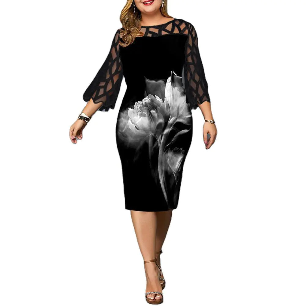 Plus Size Women's Lace Dress with Rose Print