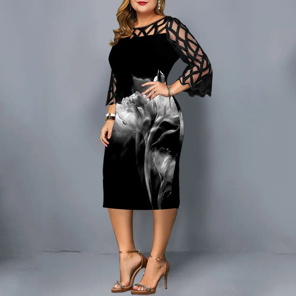 Plus Size Women's Lace Dress with Rose Print