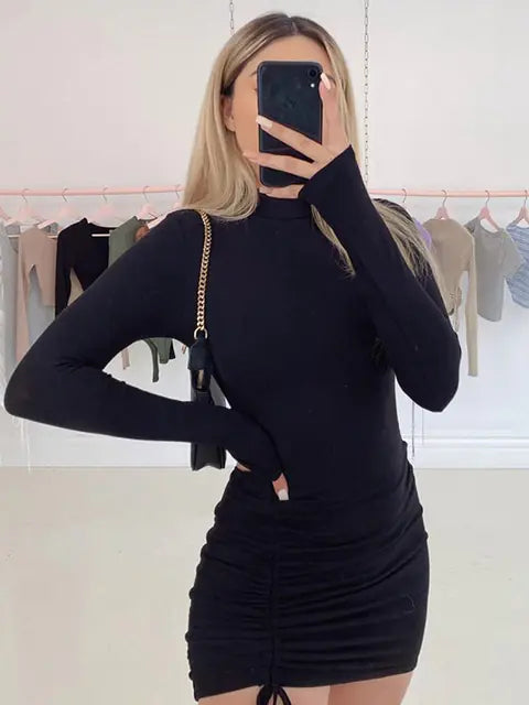 Black Turtleneck Ruched Bodycon Mini Dress for Women