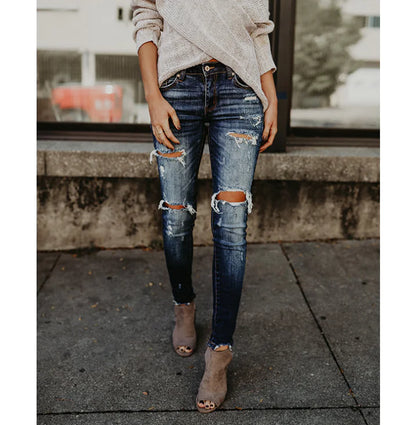 Women's Ripped Skinny Jeans - Mid-Rise Denim Pants